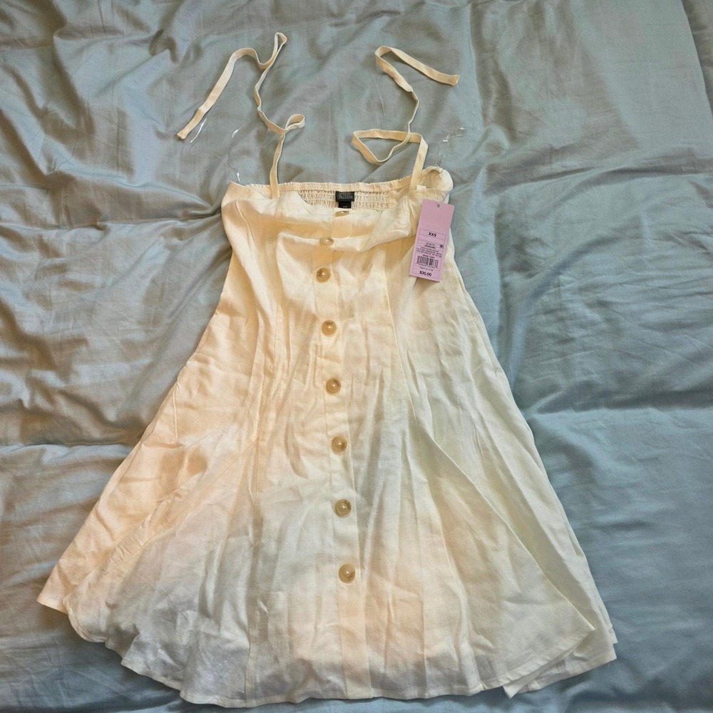 Wild Fable Cream Button Front Mini Dress Tie Strap Smocked Back XXS NWT